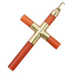 Vintage 18k solid gold red Coral cross pendant - Religious Catholic charm