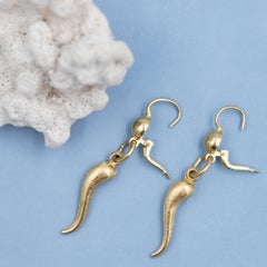 Vintage 18K gold cornicello cornetto earrings - Estate horn charm earrings