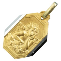 Art Deco 18k Solid Yellow Gold Cherub Pendant – Vintage French Angel Raphael