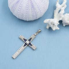 Art Deco Sapphire and diamond cross pendant - 18 karat solid yellow gold