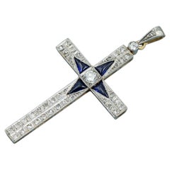 Art Deco Sapphire and diamond cross pendant - 18 karat solid yellow gold