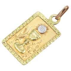 18K Gold Chalice and host - Floral Antique Catholic Medal (1902) Initials G V