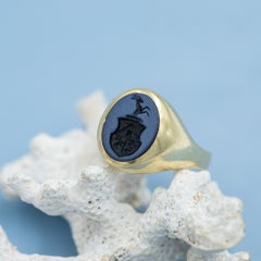Antique 14K gold gentlemans Intaglio ring : stag with antlers - Sardonyx Signet