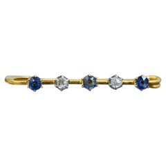 French 18k solid gold Sapphire & diamond bar brooch - Antique Edwardian pin