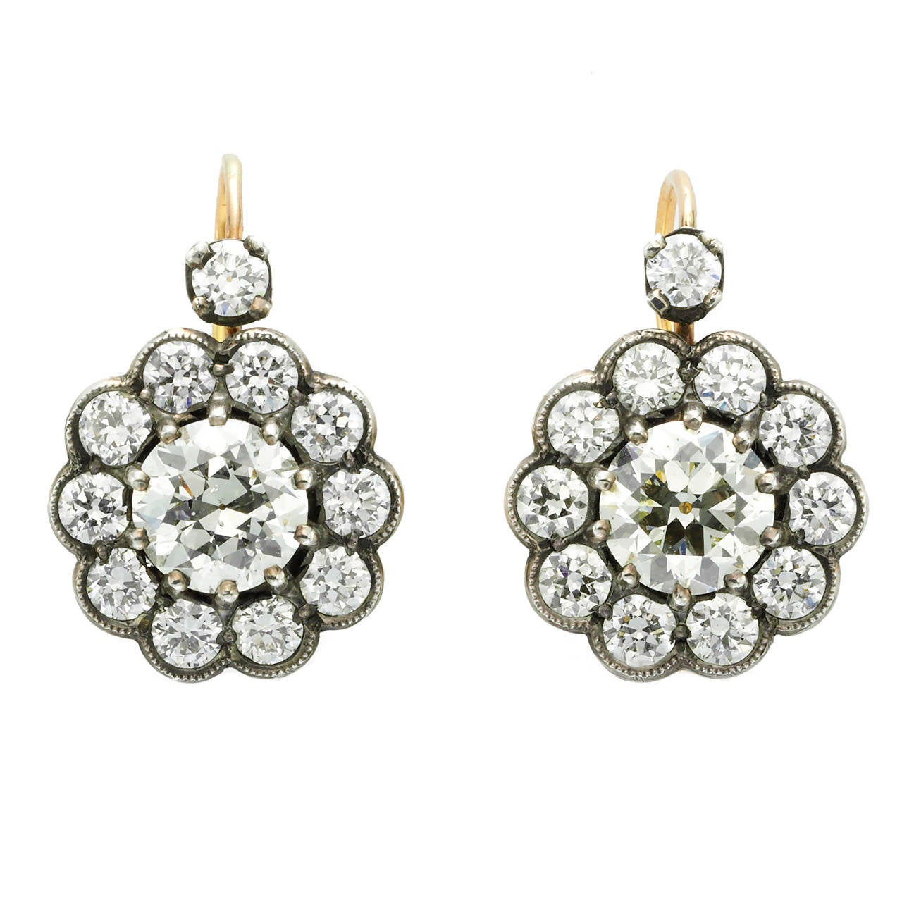 Diamond Silver Gold Cluster Earrings For Sale