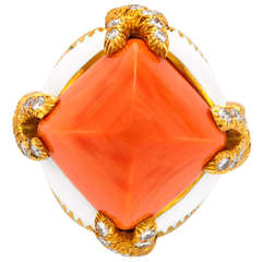 David Webb Coral, diamond and enamel ring