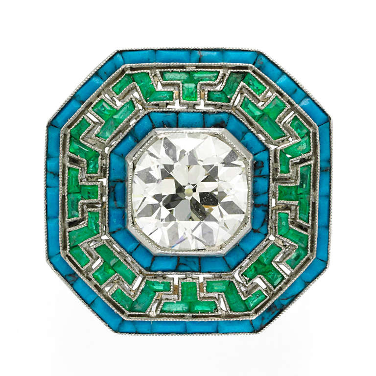 Greek Key pattern style  Diamond Emerald Turquoise Cocktail Ring For Sale