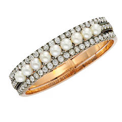 Emile Nattan Antique Natural Pearl Diamond Gold Bangle