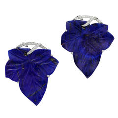 1920s Lapis Lazuli Leaf Diamond Clip Brooches