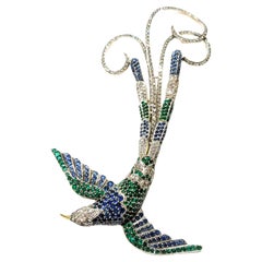 Moira Sapphire, Diamond, Emerald and Silver Upon Gold Bird of Paradise Brooch