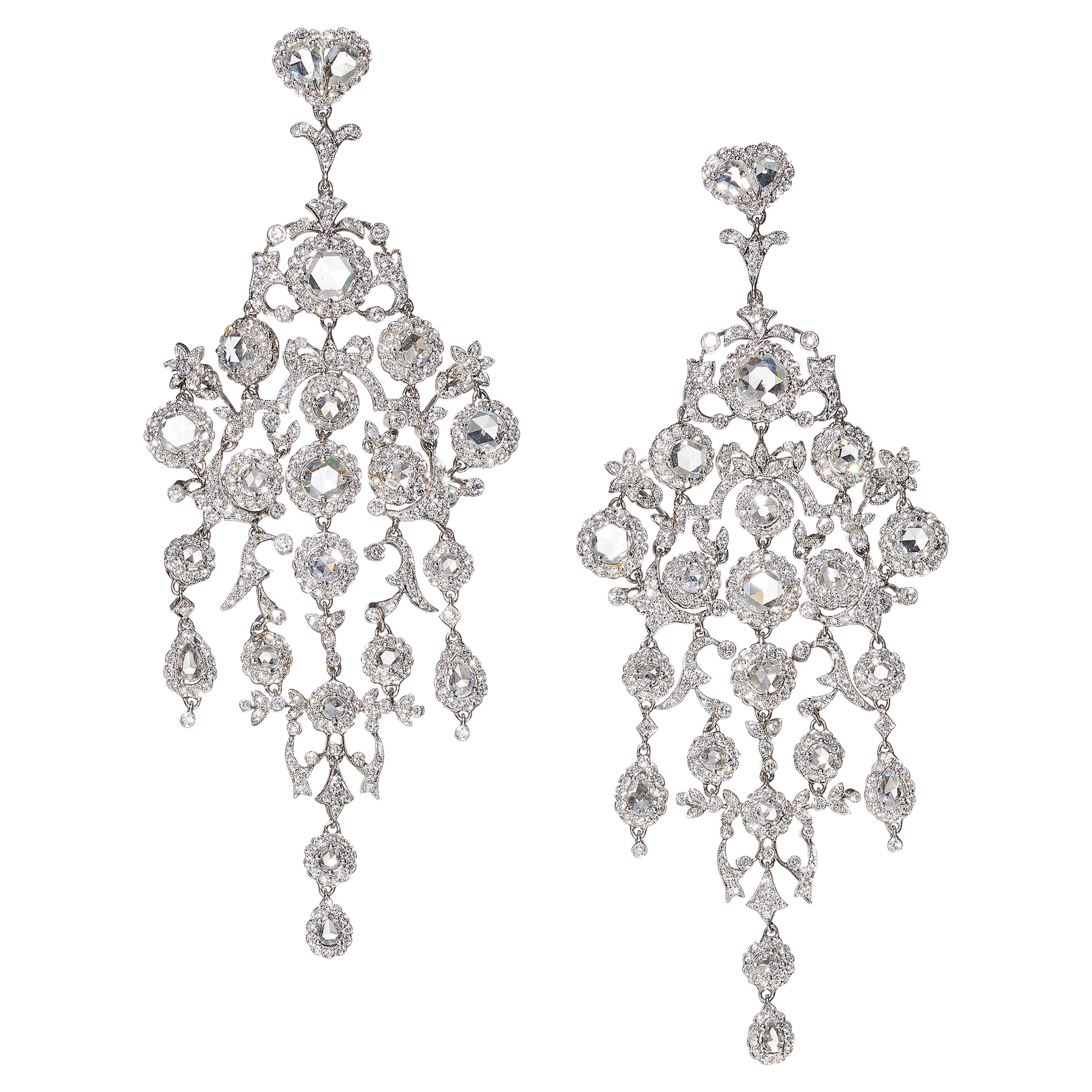 Modern Large Diamond And Platinum Chandelier Earrings, 15.26 Carats For Sale