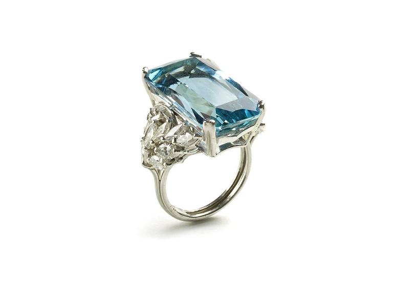 1940s Aquamarine Diamond Platinum Ring at 1stDibs