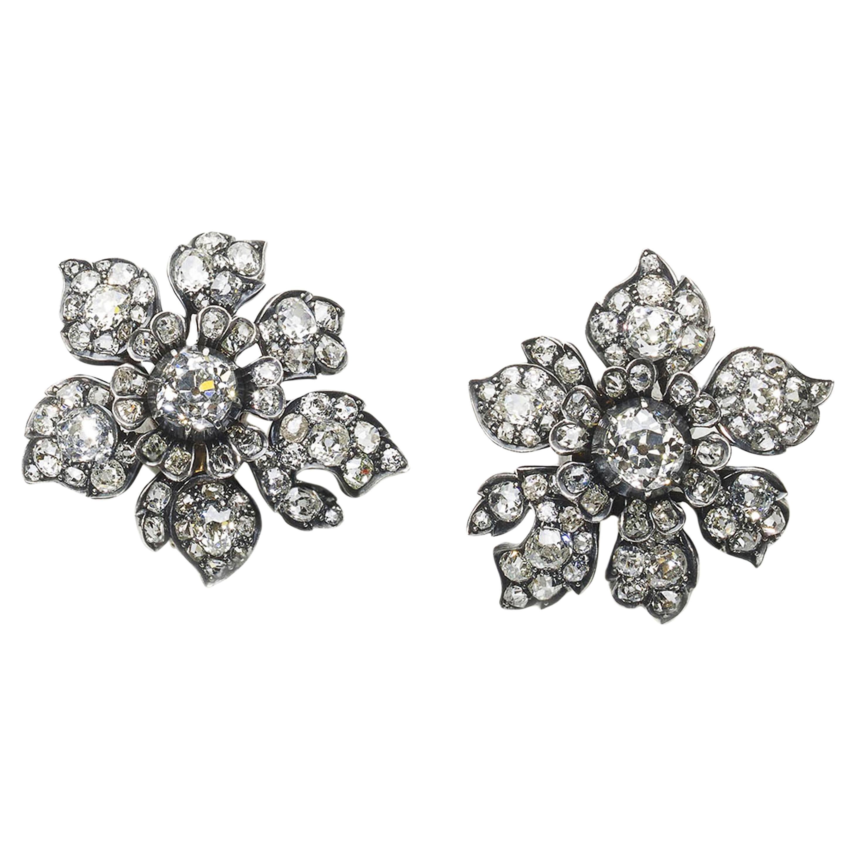 Antique Diamond and Silver-Upon-Gold Flower Earrings Circa 1880 9.00 Carats