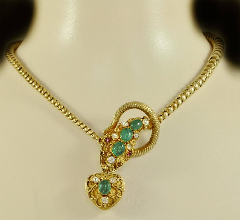 Victorian Emerald Ruby Diamond Gold Snake Necklace at 1stDibs