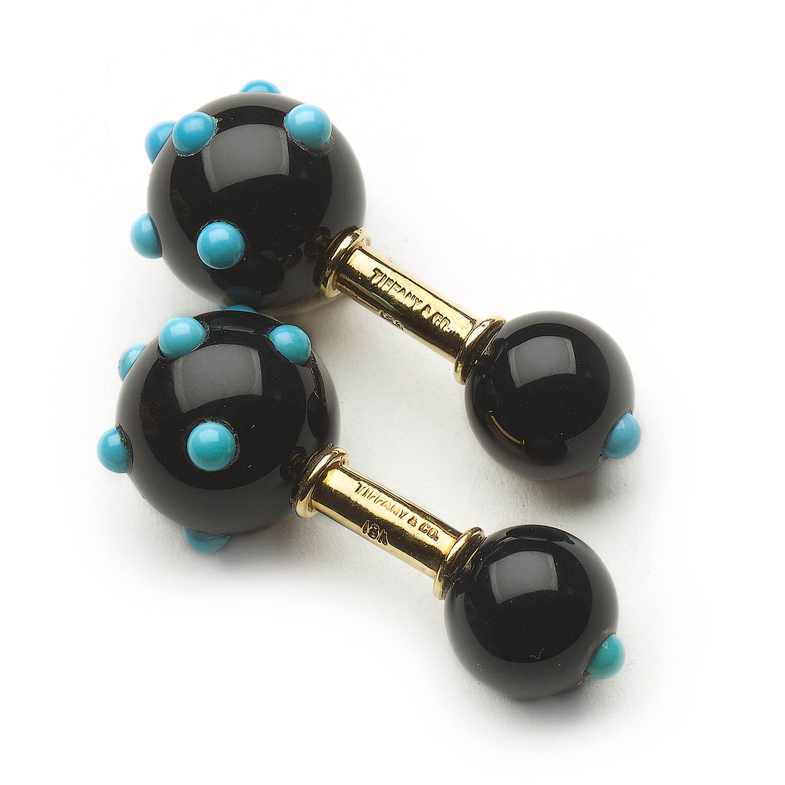 Cabochon Gemelli Tiffany Schlumberger con onice nera, turchese e oro, circa 1960 in vendita
