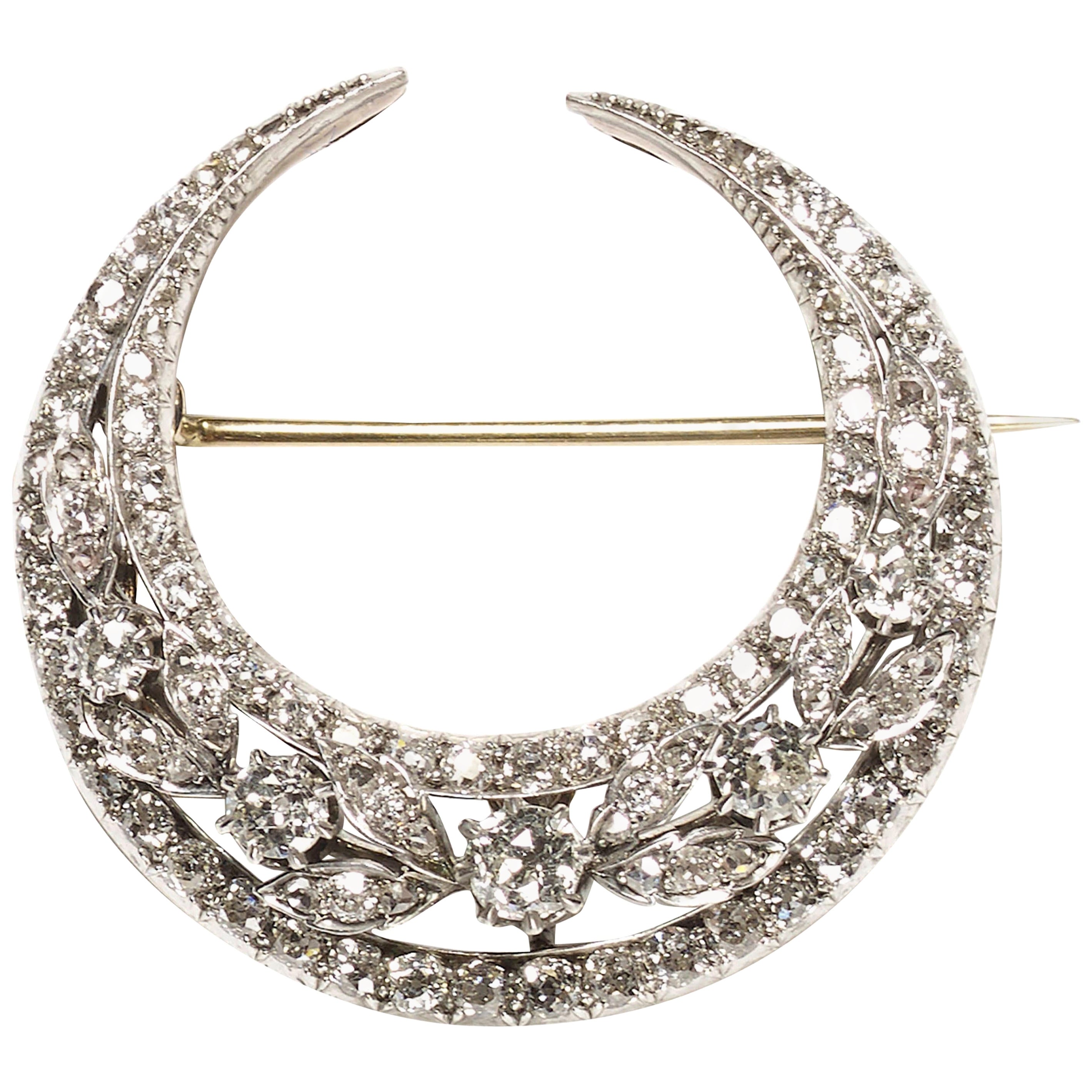 Antique Diamond, Silver and Gold Crescent Brooch, circa 1900
