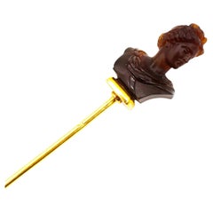 French Antique Apollo Belvedere Style Bust Stick Pin in Chalcedony and Gold