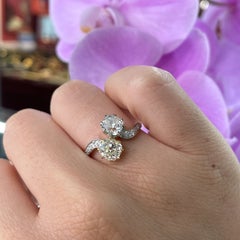 Two Stone Crossover White and Yellow Diamond, Platinum and 18 Karat Gold Ring