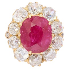 French Antique Burmese Ruby, Diamond and Gold Cluster Ring, 7.00 Carats