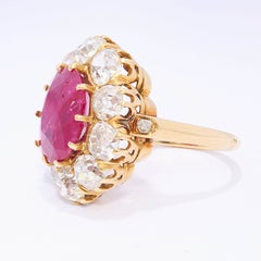 French Antique Burmese Ruby, Diamond and Gold Cluster Ring, 7.00 Carats