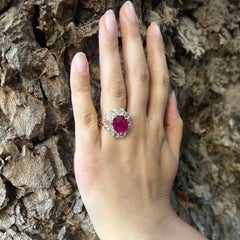 French Antique Burmese Ruby, Diamond and Gold Cluster Ring, 7.00 Carats