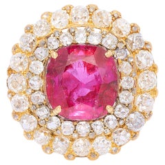 Antique Ruby, Diamond and Yellow Gold Double Row Target Cluster Ring, Circa 1850
