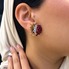 Vintage Ruby, Diamond and 18 Karat Gold Floral Spray Clip-on Earrings Circa 1960