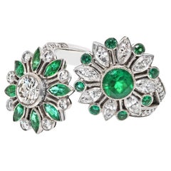 Platinum Diamond And Green Emerald Toi Et Moi Flower Cocktail Ring