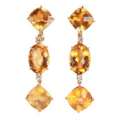 Elegant Citrine Diamond Gold Three Stone Drop Earrings