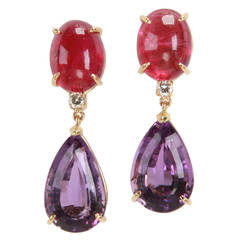 Rubelite Amethyst Diamond Gold Drop Earring