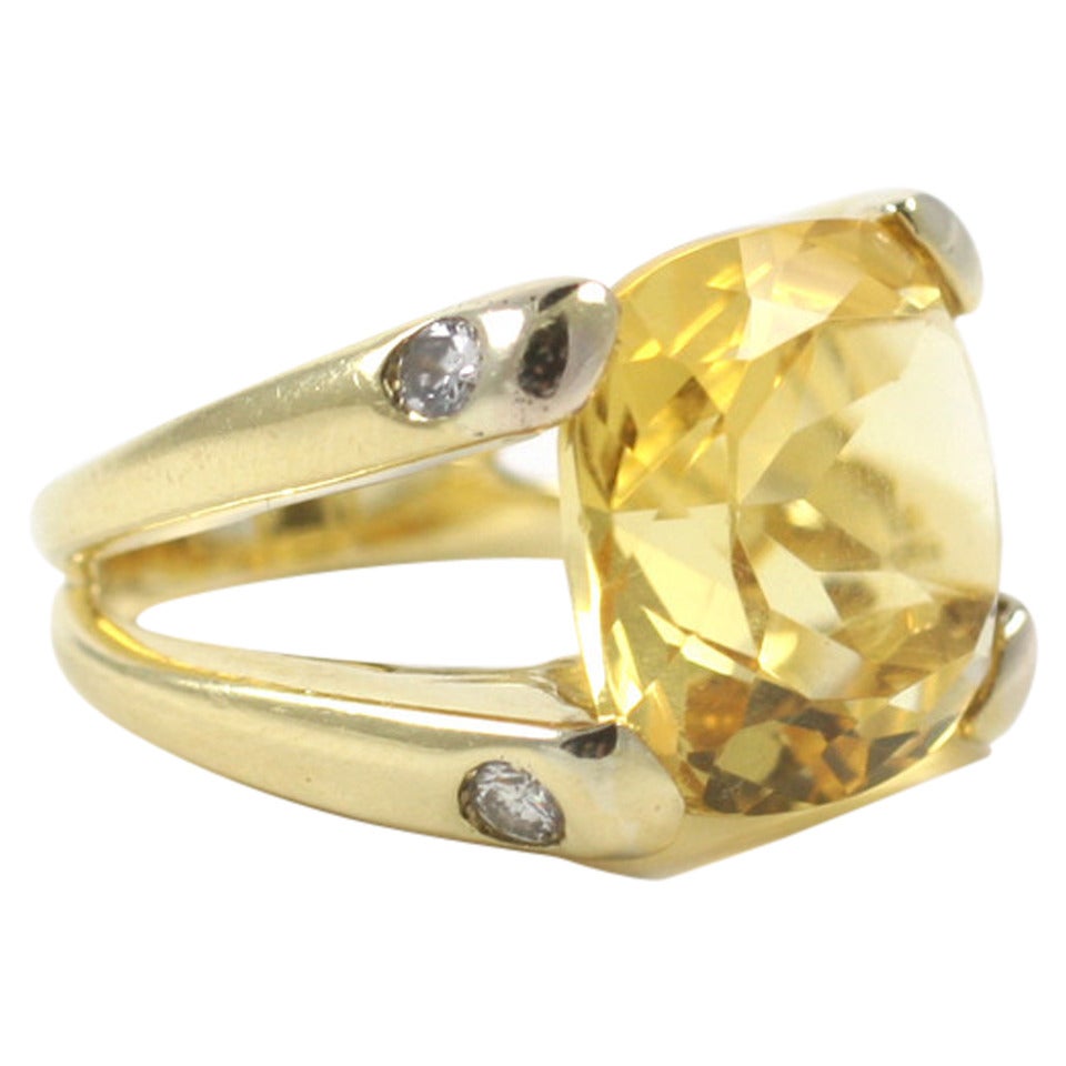 Cushion Citrine Diamond Gold Ring For Sale