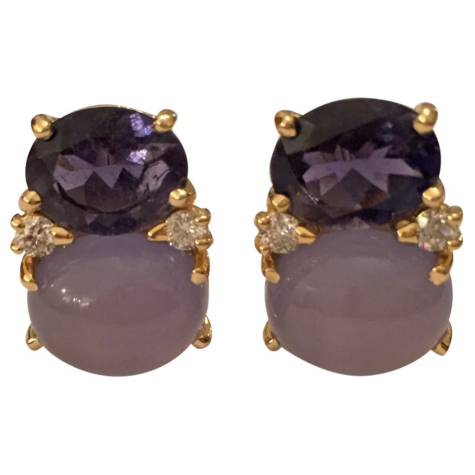 Boucles d'oreilles GUM DROPTM avec iolite, calcédoine cabochon et diamants, taille moyenne