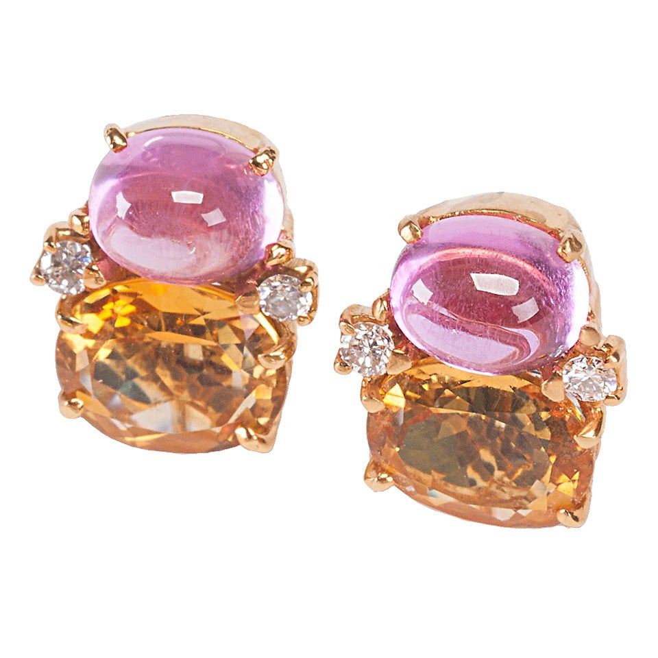 Medium GUM DROP™ Earrings with Cabochon Pink Topaz, Citrine and Diamonds For Sale
