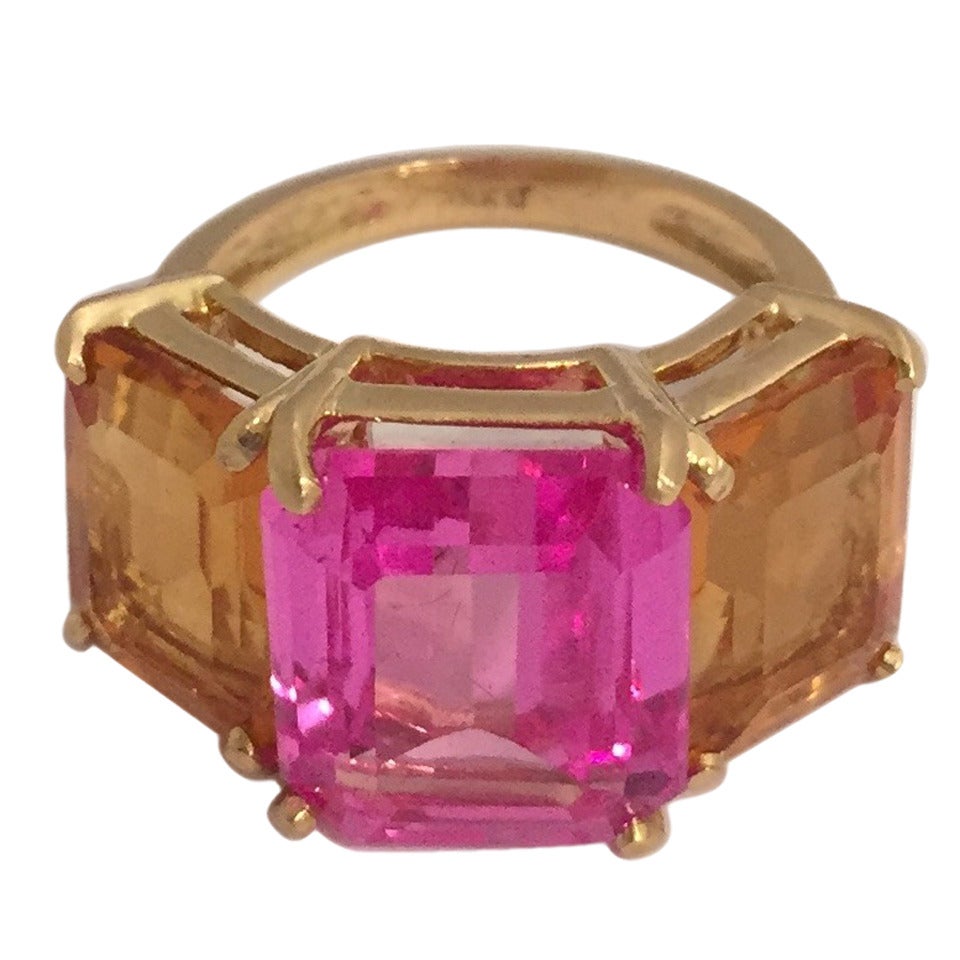 Citrine Pink Topaz Gold Three Stone Emerald Cut Ring For Sale