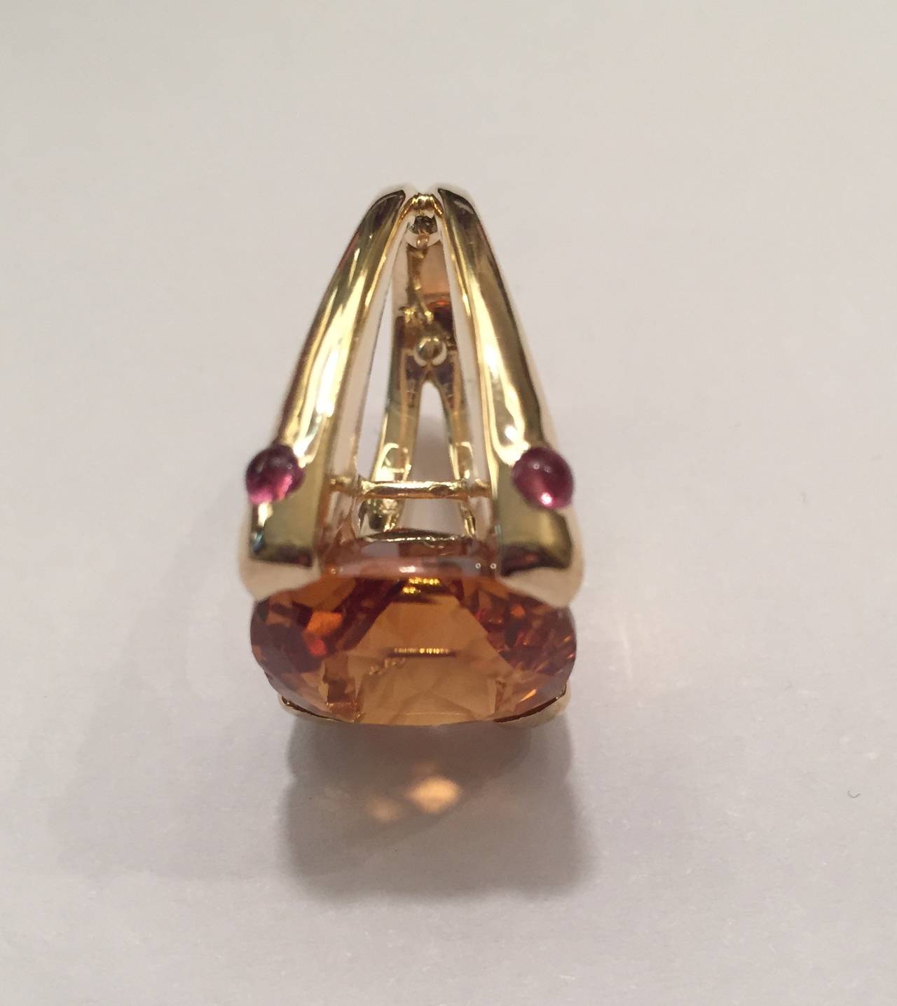 Contemporary Orange Citrine Cabochon Pink Topaz Gold Cushion Ring For Sale
