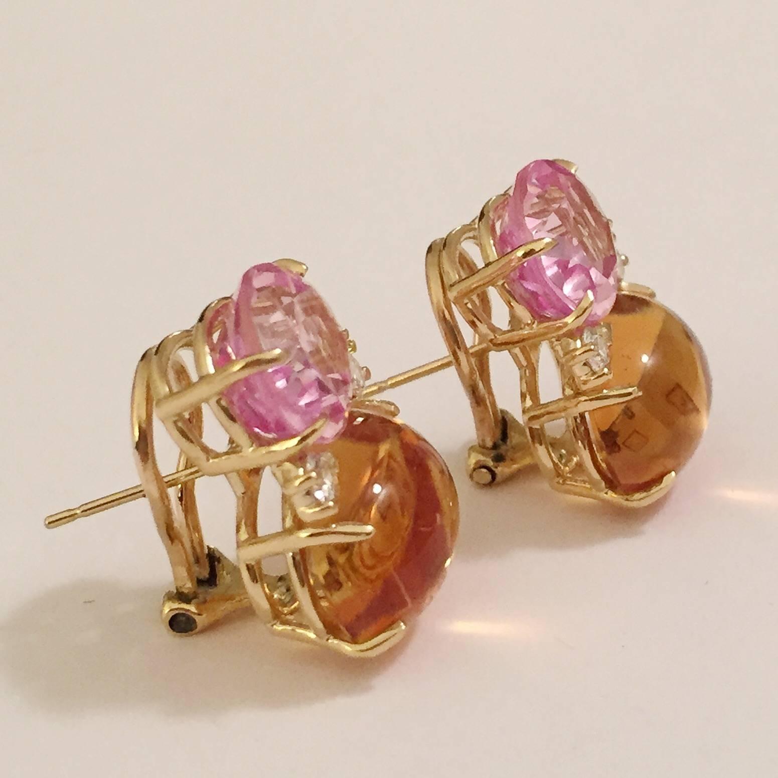 18kt Yellow Gold Large GUM DROP™ Earrings with faceted Citrine and Cabochon Pink Topaz and diamonds.  The Citrine is approximately 5 cts each and the Cabochon Pink Topaz is approximately 12 cts each, and 4 diamonds weighing approximately 0.60cts 