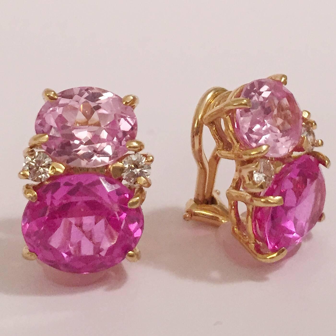 Medium 18kt yellow gold GUM DROP™ earrings with faceted Pale Pink Topaz (approximately 2.5 cts each), faceted Dark Pink Topaz (approximately 5 cts each), and 4 diamonds weighing ~0.40 cts.   

Specifications: Height: 3/4