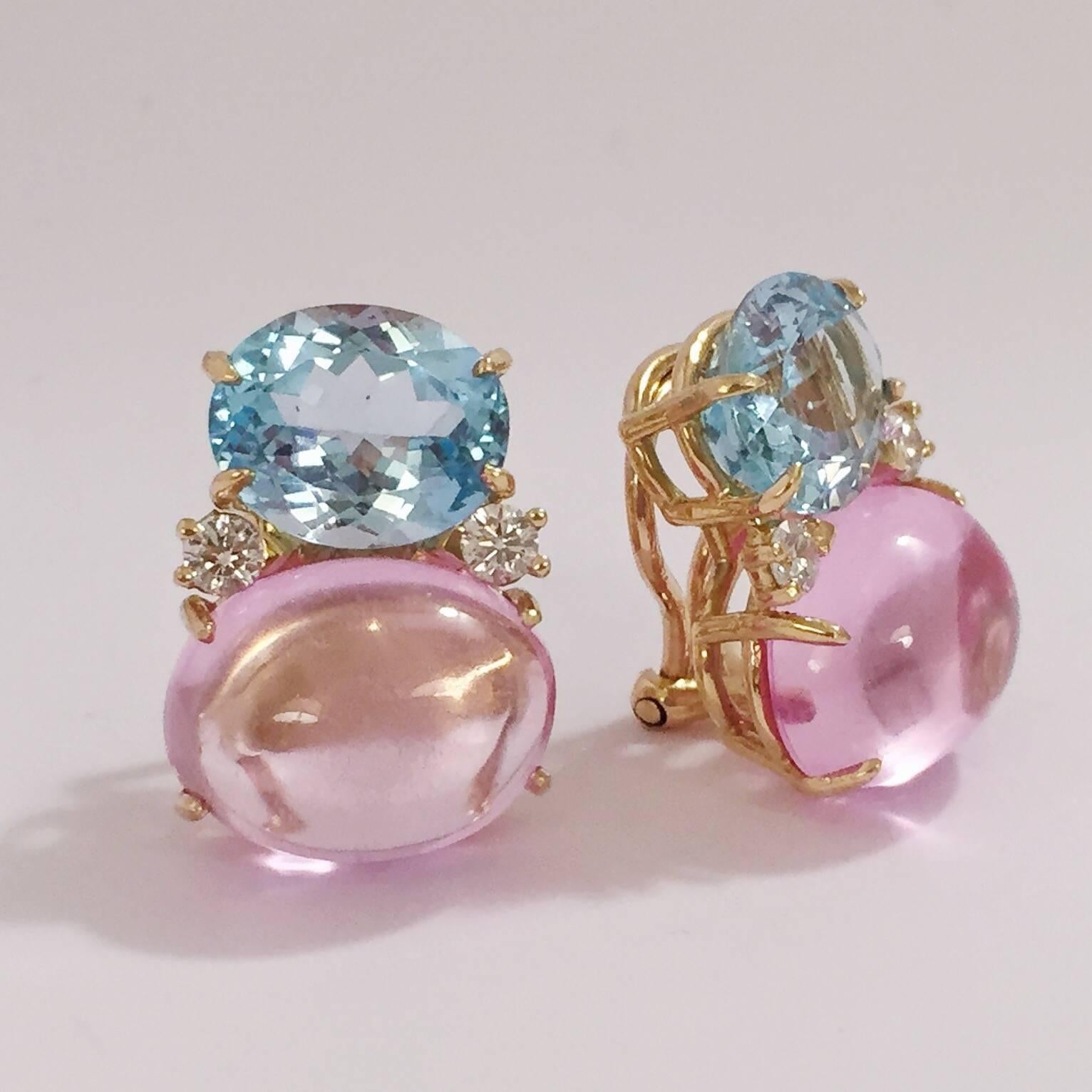 18kt Yellow Gold Large GUM DROP™ Earrings with faceted Blue Topaz and cabochon Pink Topaz and diamonds. The Top oval Blue Topaz is approximately 5 cts each and the Bottom cabochon Pink Topaz is approximately 12 cts each, and 4 diamonds weighing