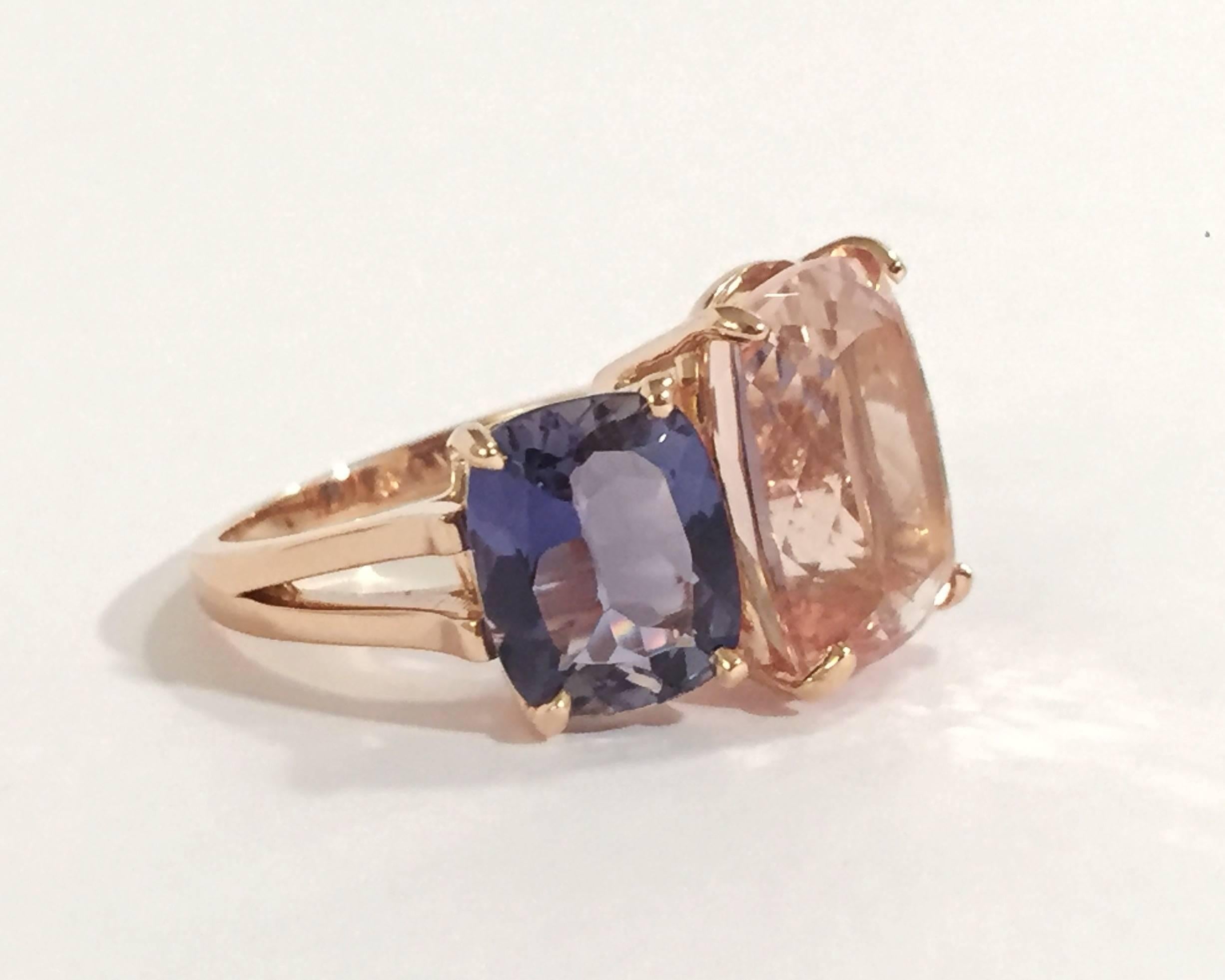 18kt Rose Gold Three Stone faceted Cushion Ring with center Morganite and two Iolite finished with a tapered split shank.

This elegant cocktail ring measures 1 1/4" across the top.  The Center Morganite measures 5/8"; tall and