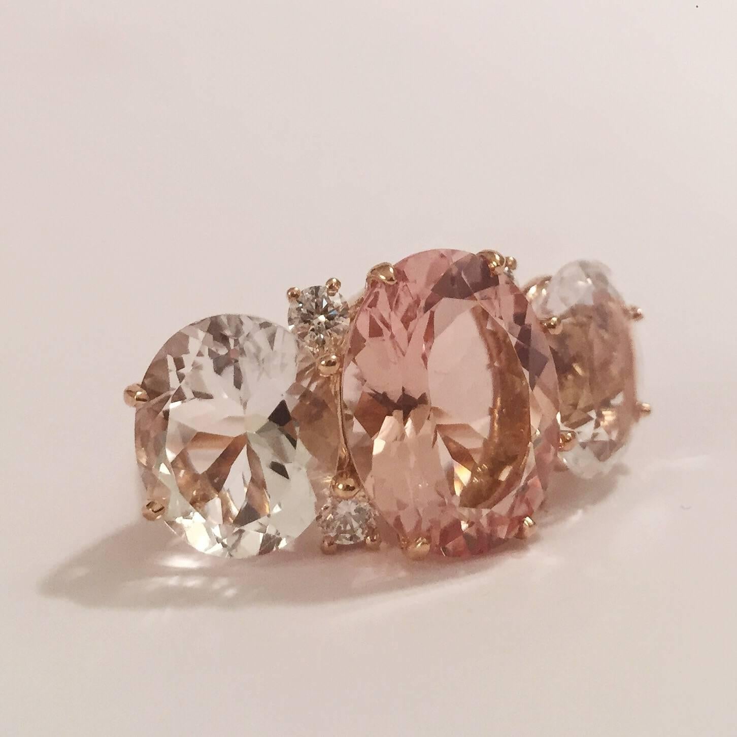 Grande 18kt Rose Gold GUM DROP™ ring with Morganite and Rock Crystal  and 4 diamonds weighing ~ 0.78 cts.  This is the largest Gum Drop Ring in the Collection and makes quite a Statement !!!

Specifications: Height: 1/2