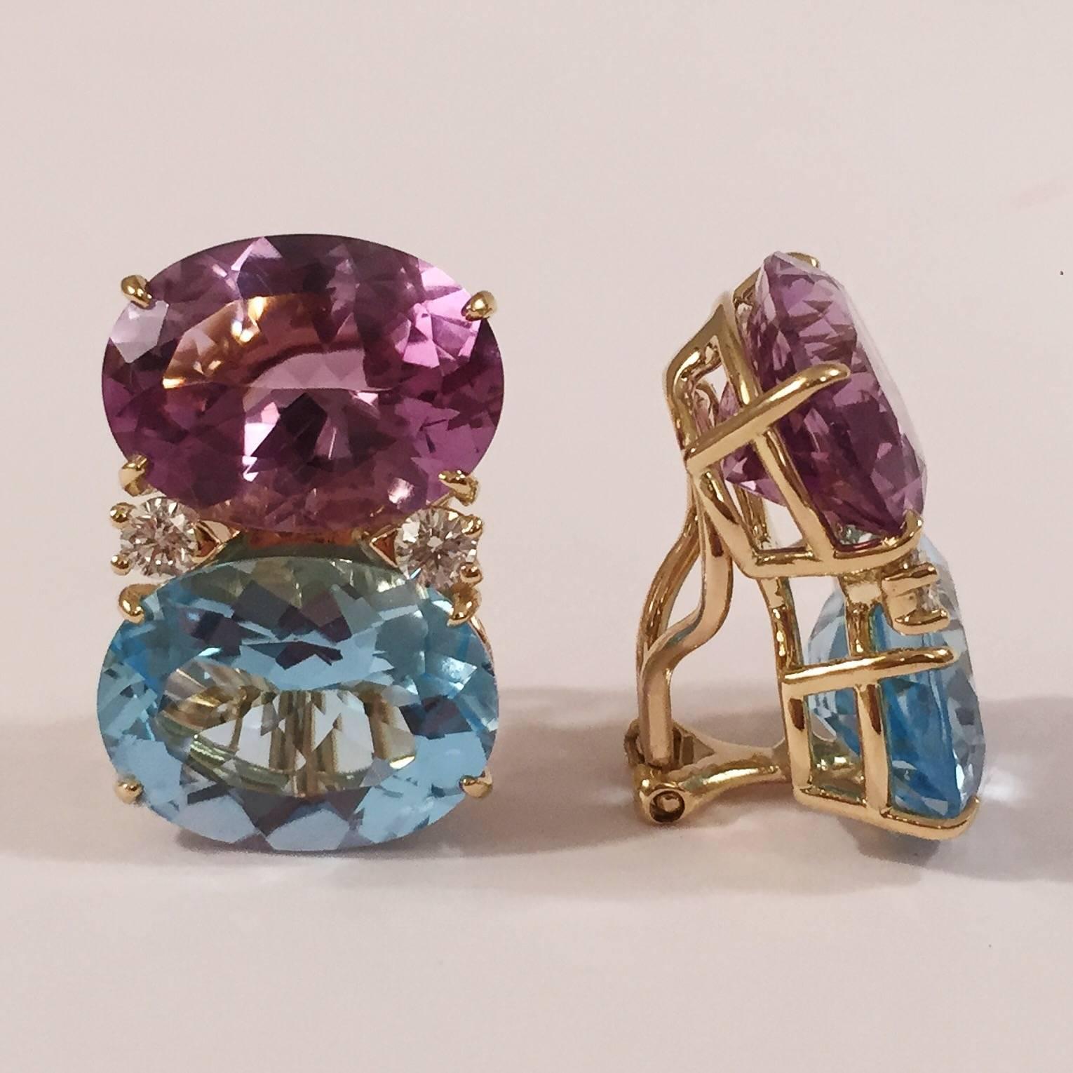 18kt Yellow Gold Grande GUM DROP™ Earrings with Faceted Amethyst and Faceted Blue Topaz and four diamonds ~-.60cts - The biggest of the Collection!  Both stones are of equal size -each measuring 5/8