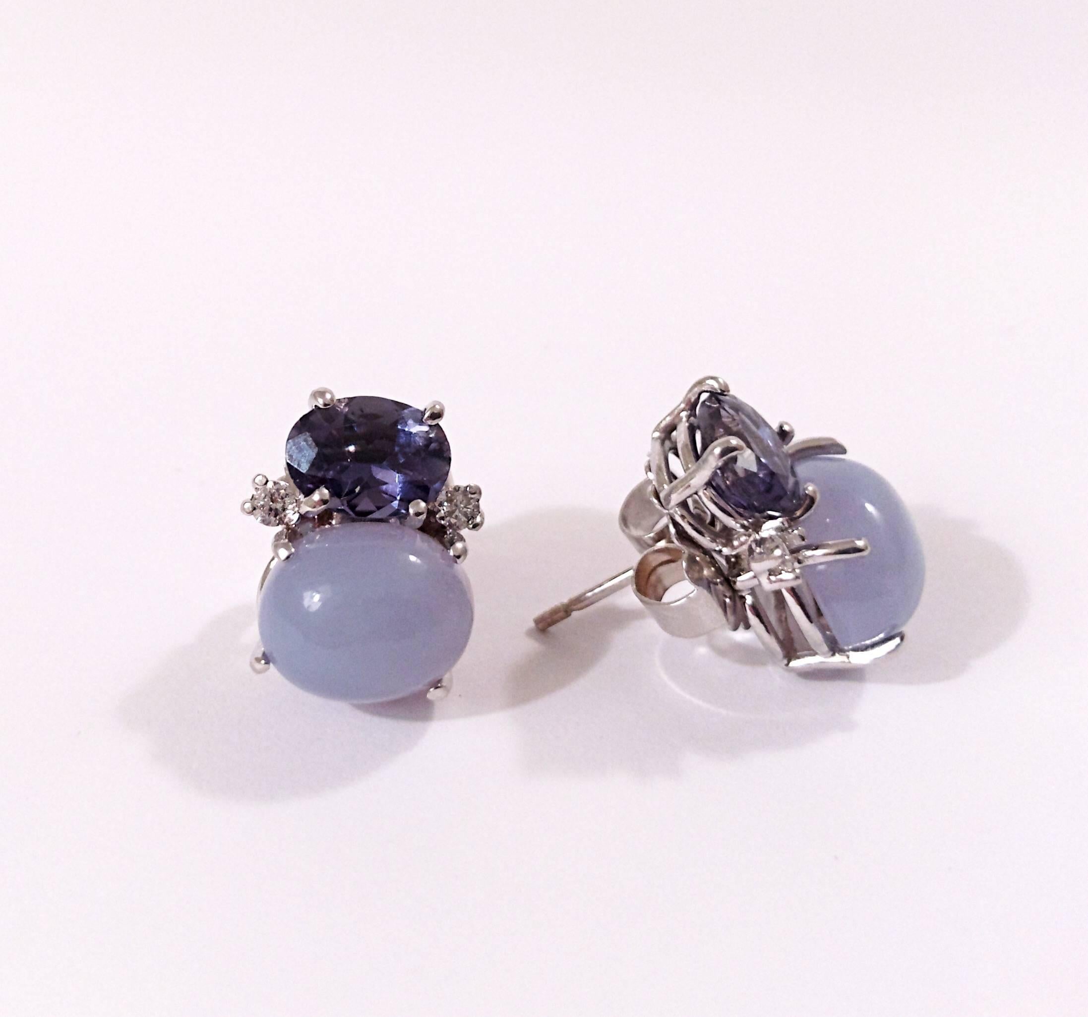 Oval Cut Mini GUM DROP Iolite and Cabochon Chalcedony and Diamond Earrings For Sale