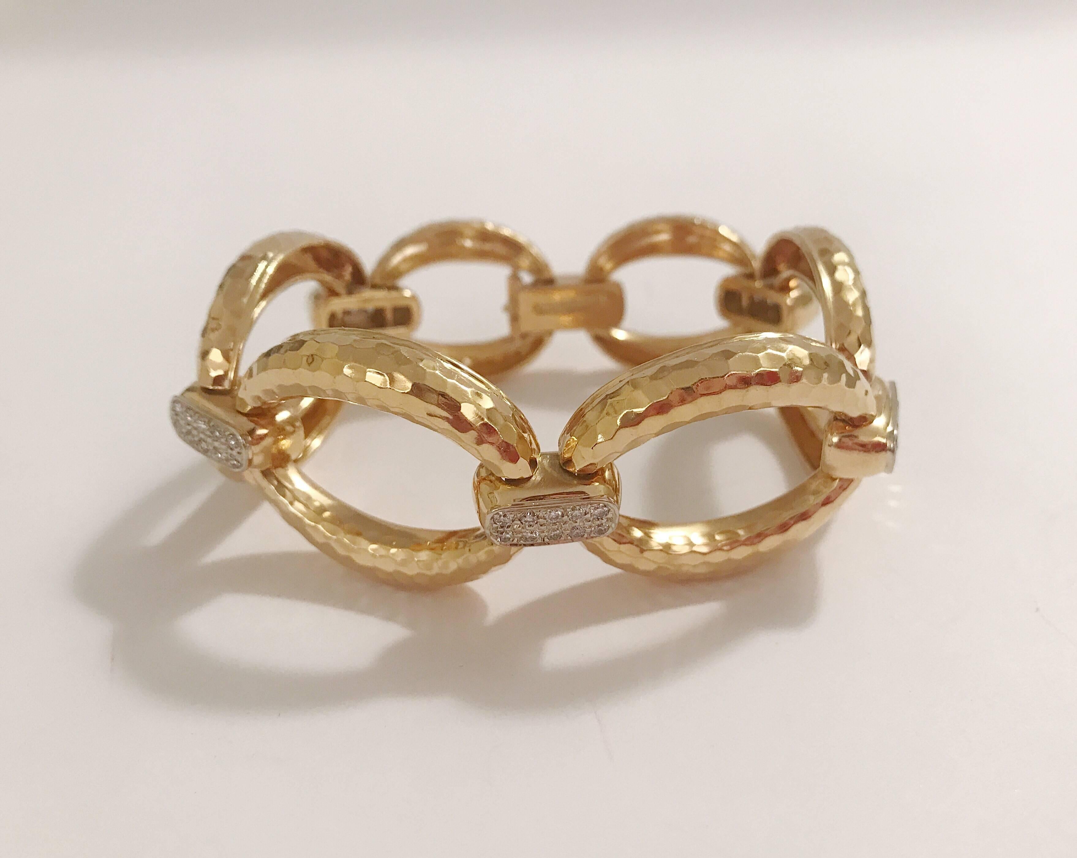 Contemporary  Gold Hammered Link Bracelet with Diamonds designed by Andrew Clunn