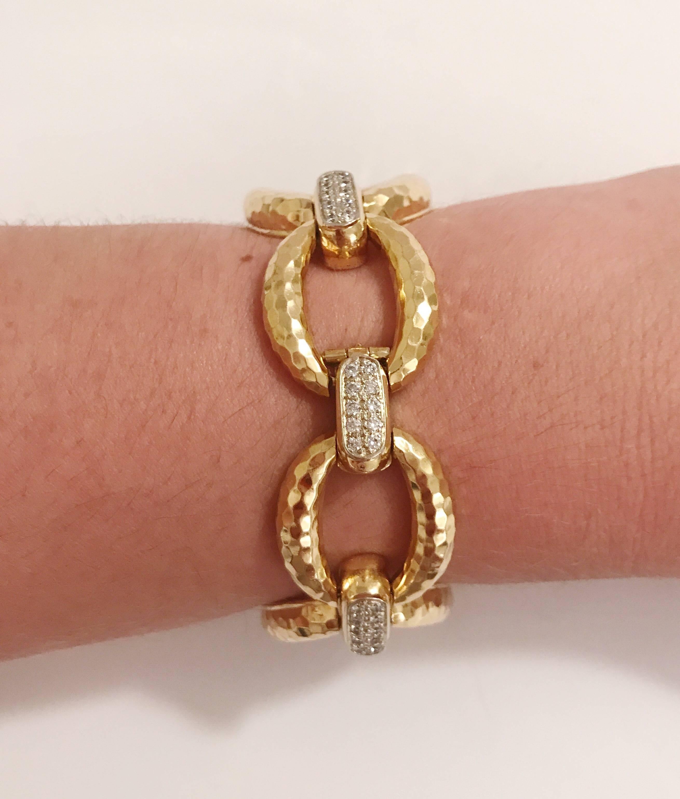  Gold Hammered Link Bracelet with Diamonds designed by Andrew Clunn In New Condition In New York, NY