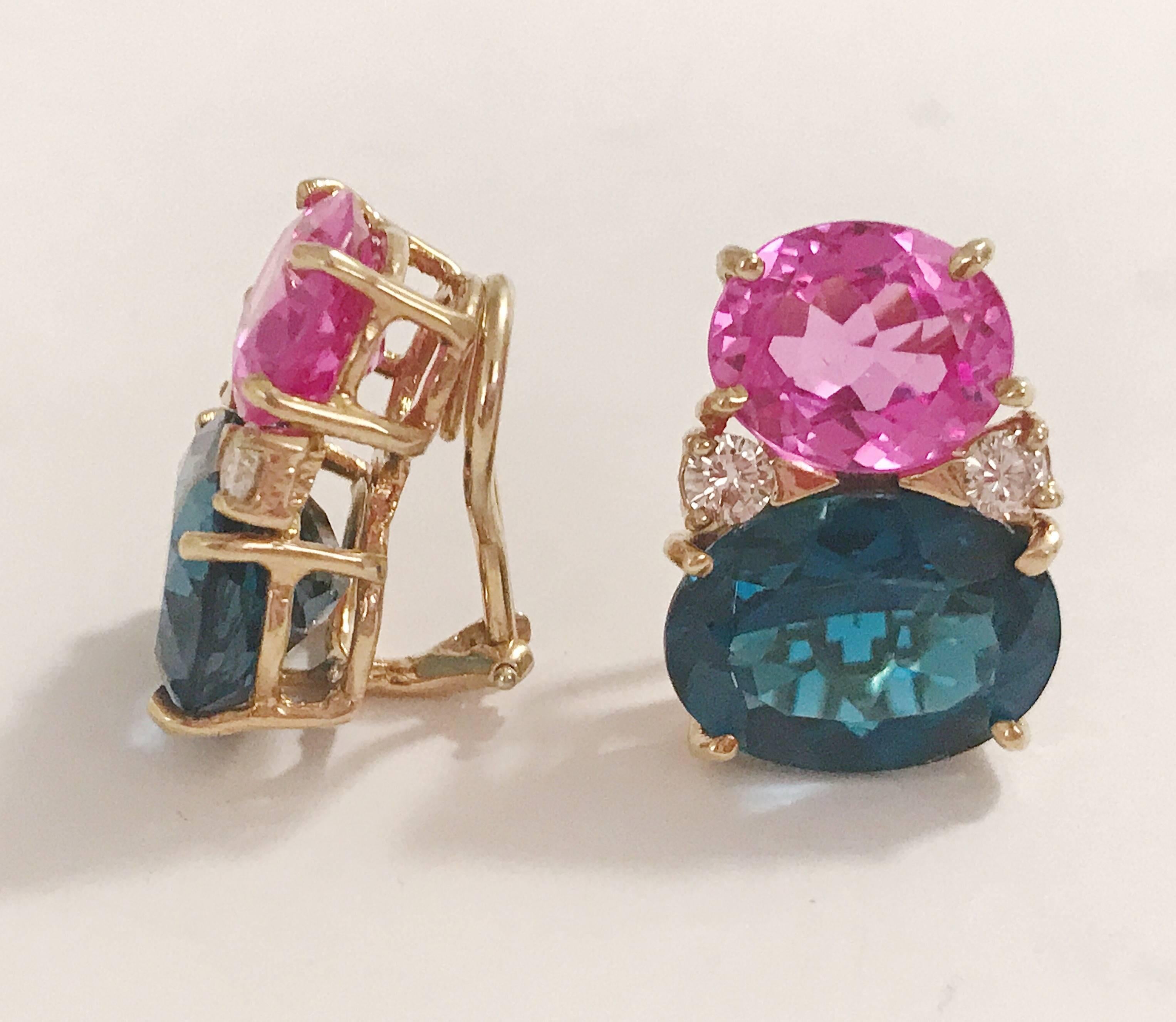 18kt Yellow Gold Large GUM DROP™ Earrings with Hot Pink Topaz and Deep Blue Topaz and Diamonds. The Top oval faceted Pink Topaz is approximately 5 cts each and the Bottom Deep Blue Topaz is approximately 12 cts each, and 4 diamonds weighing