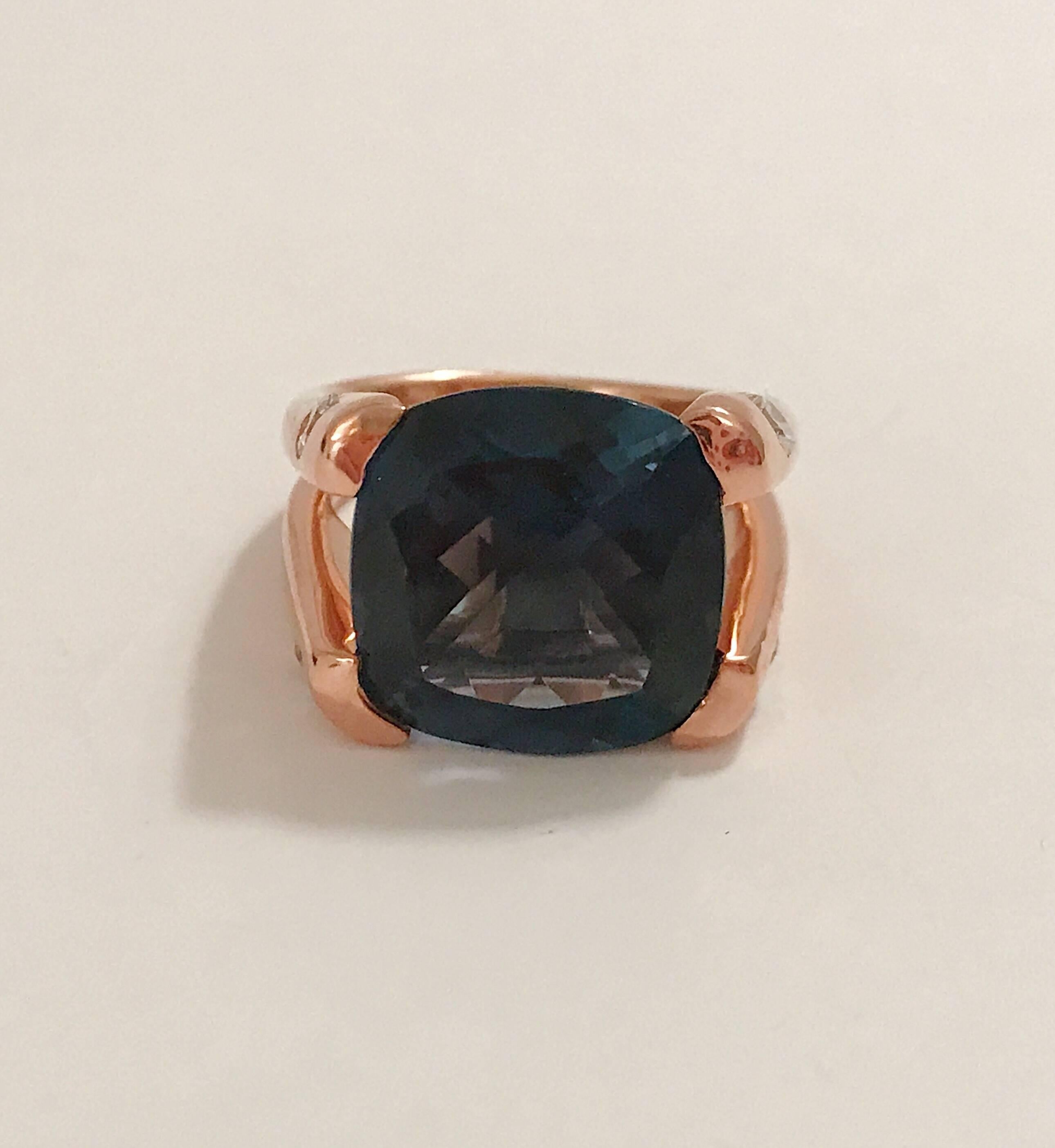 Women's London Blue Topaz Large Cushion Ring with Diamond Sides For Sale