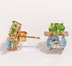 Mini-Mini- Gummi-Tropfenohrringe mit Peridot und blauem Topas und Diamanten