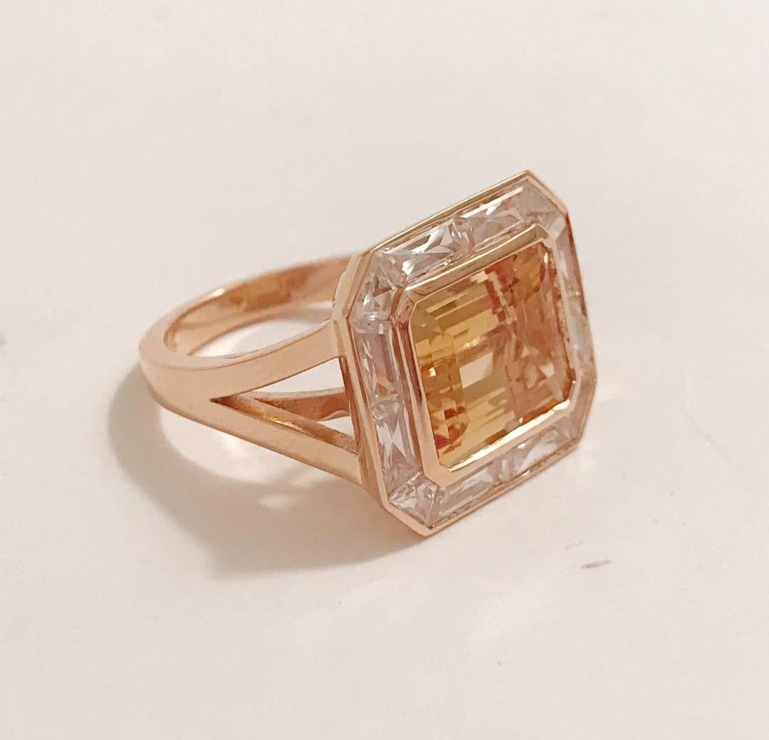 Imperial Topas Roségold Ring mit Bergkristall Baguettes (Smaragdschliff) im Angebot