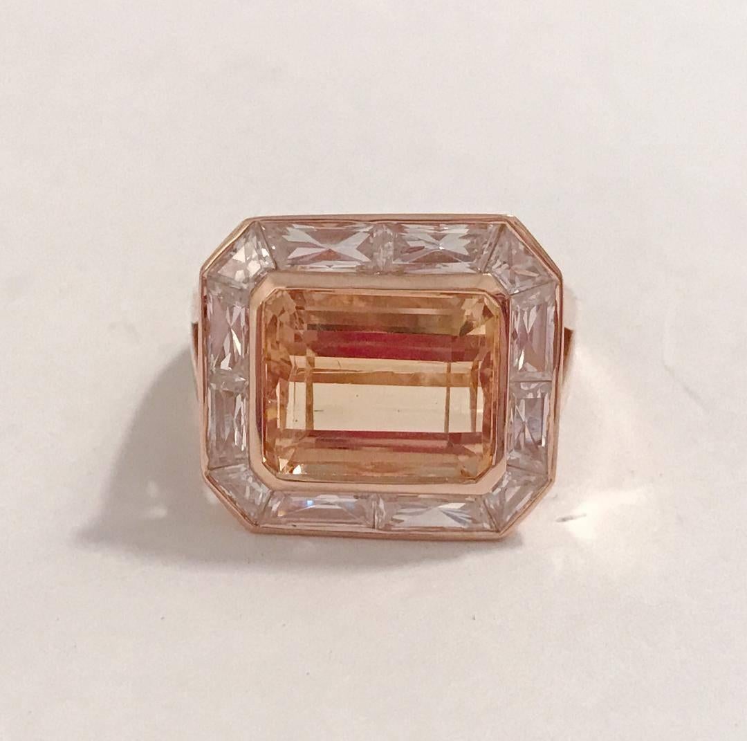 Emerald Cut Imperial Topaz Rose Gold Ring with Rock Crystal Baguettes For Sale