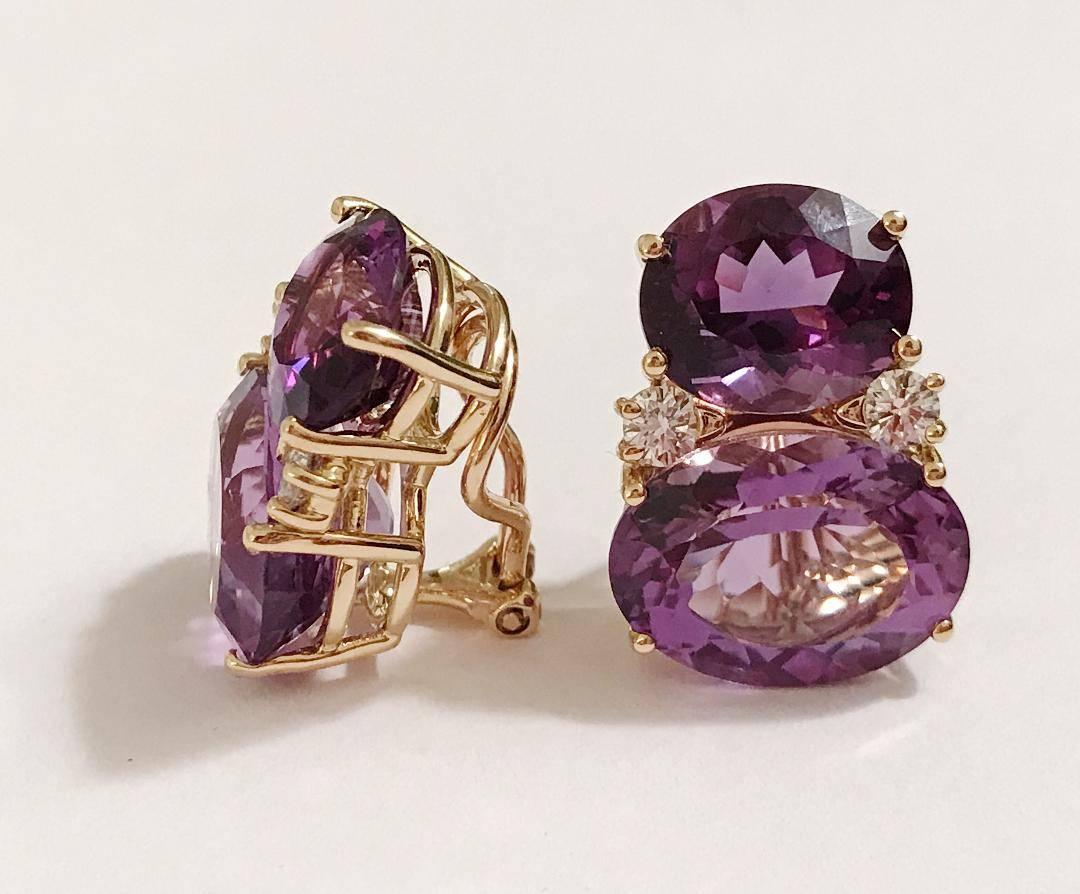 18kt Yellow Gold Large GUM DROP™ Earrings with faceted Two Toned Amethyst and Diamonds. The Top oval Amethyst is approximately 5 cts each and the Bottom Amethyst is approximately 12 cts each, and 4 diamonds weighing approximately 0.60cts 

The
